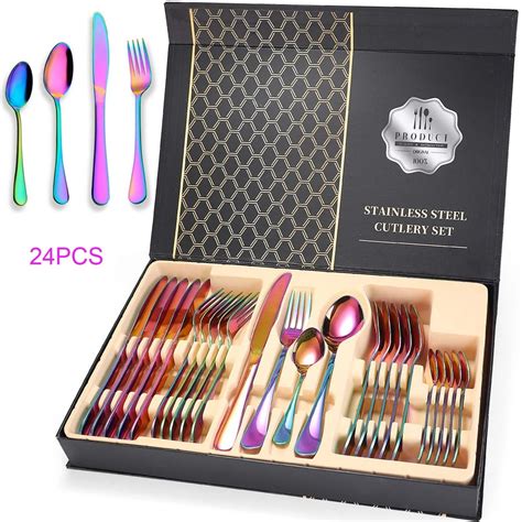 Rainbow Silverware Set,24-Piece Stainless Steel Colorful Flatware Set,Cutlery Tableware Set for 4,Utensils for Kitchens,Mirror Finish,Dishwasher Safe