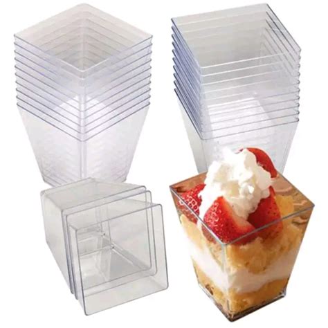 Square Dessert Cup - 4 Ounce - Durable Crystal Clear Plastic - 50 Count - Ideal for Desserts, Appetizers, Entrees, Puddings, Mousse and More!
