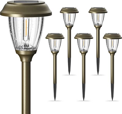XMCOSY+ Solar Path Lights Outdoor 6 Pack, 10-25LM, Bubble Glass Lampshade & Stainless Steel, Auto on/Off, Waterproof Solar Powered LED Pathway Lights for Landscape Garden (Warm White)